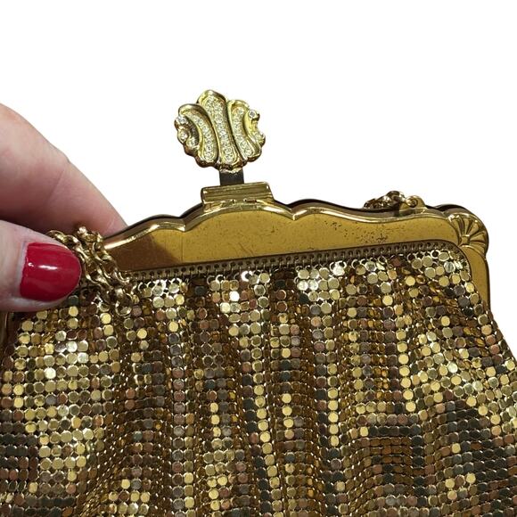 Vintage Whiting & Davis gold mesh evening bag top handle clutch rhinestone clasp - Picture 4 of 13